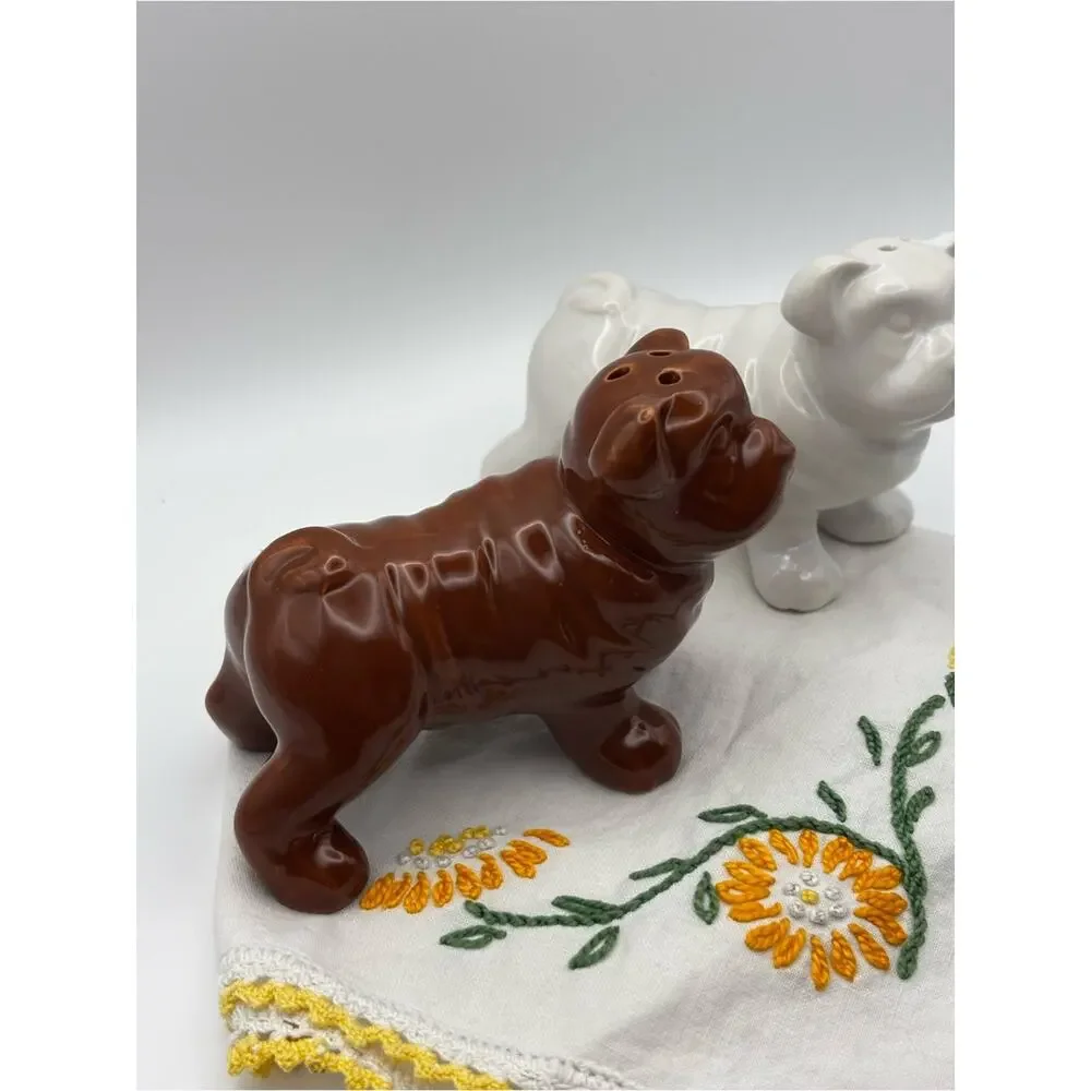 Ceramic Bulldog Salt & Pepper Shaker Set Brown & White Dog Kitchen Decor